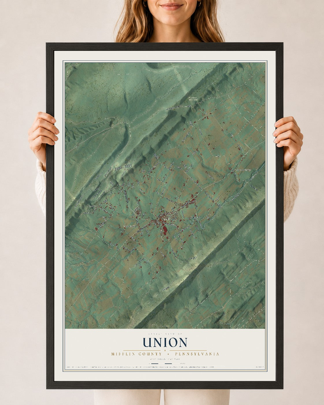 Map of Union, Mifflin County, Pennsylvania, 24 x 36 inch print in a black wood frame