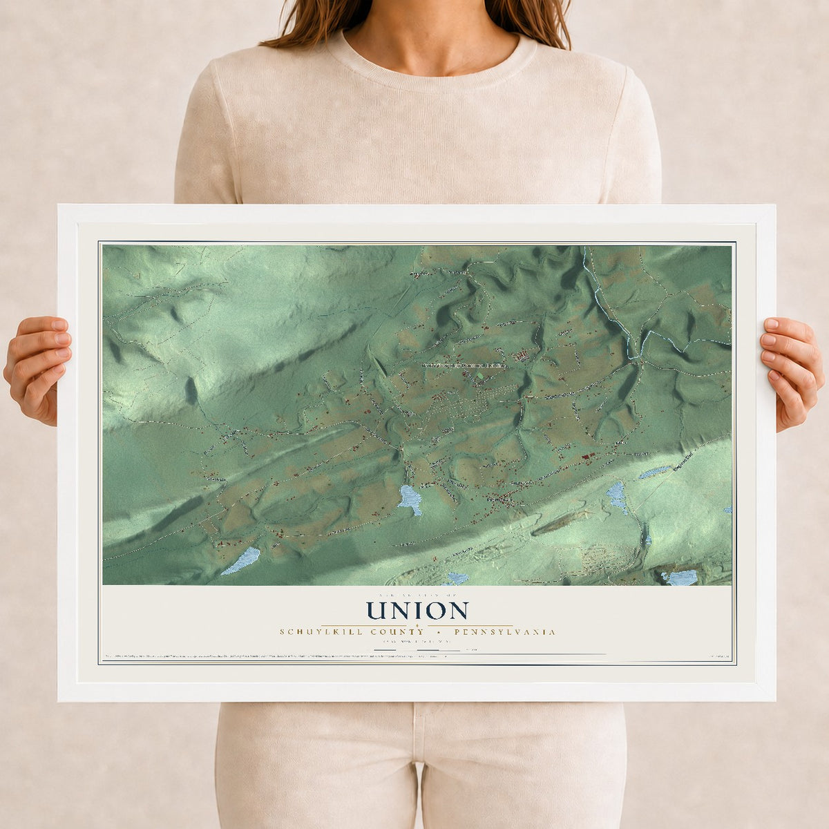 Map of Union, Schuylkill County, Pennsylvania, 12 x 18 inch print in a white wood frame