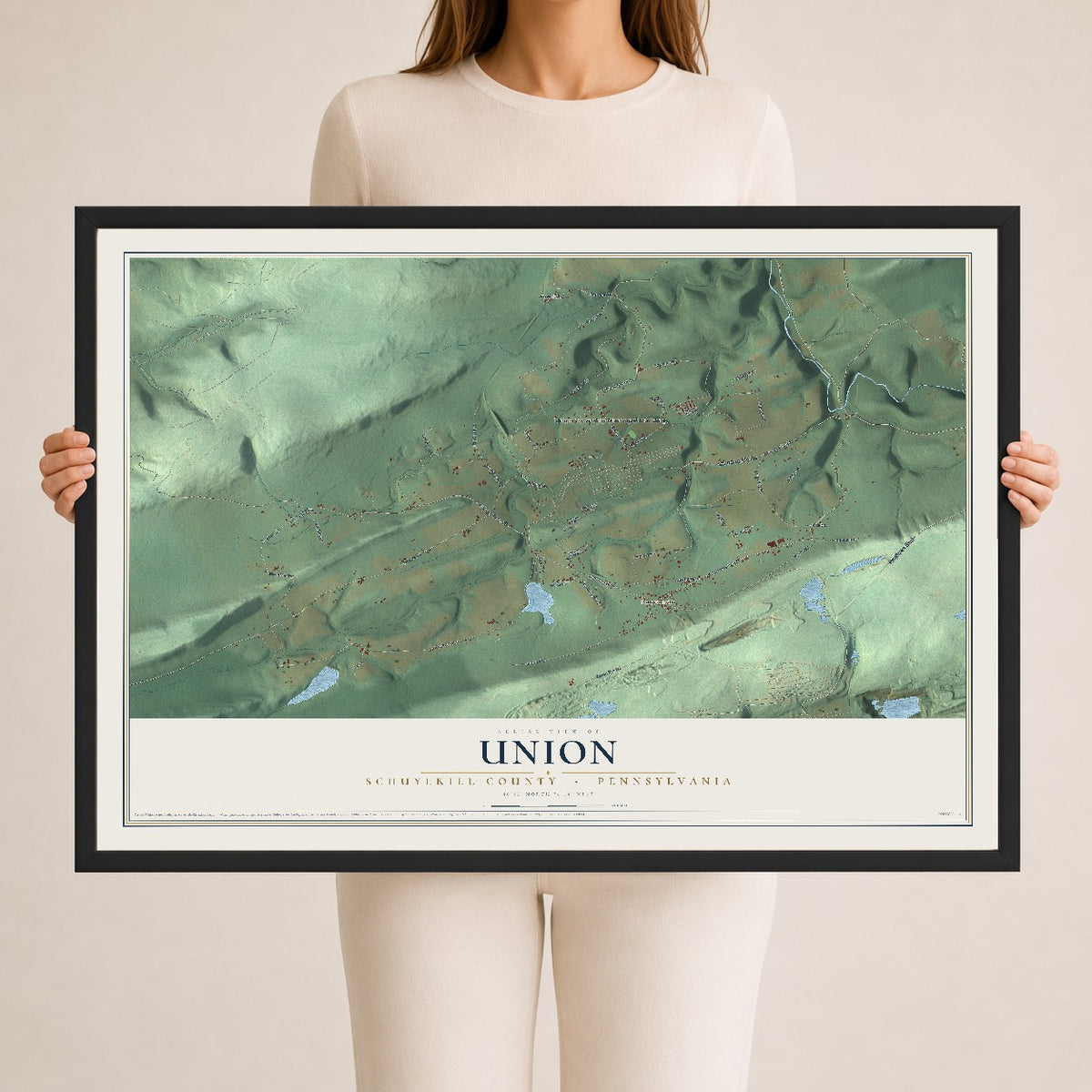 Map of Union, Schuylkill County, Pennsylvania, 24 x 36 inch print in a black wood frame
