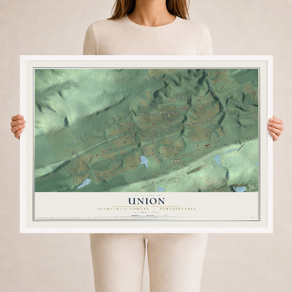 Map of Union, Schuylkill County, Pennsylvania, 24 x 36 inch print in a white wood frame