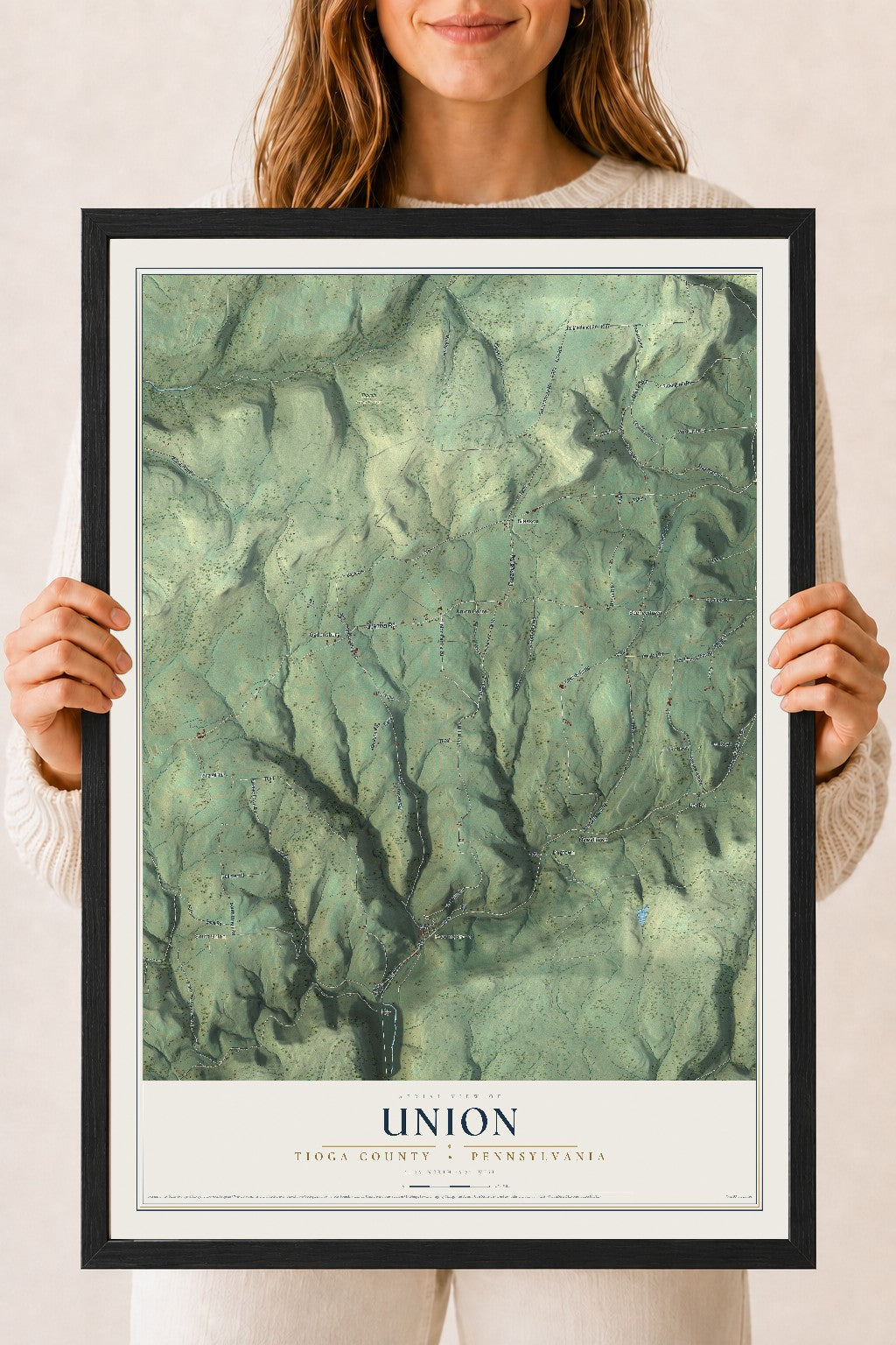 Map of Union, Tioga County, Pennsylvania, 18 x 24 inch print in a black wood frame