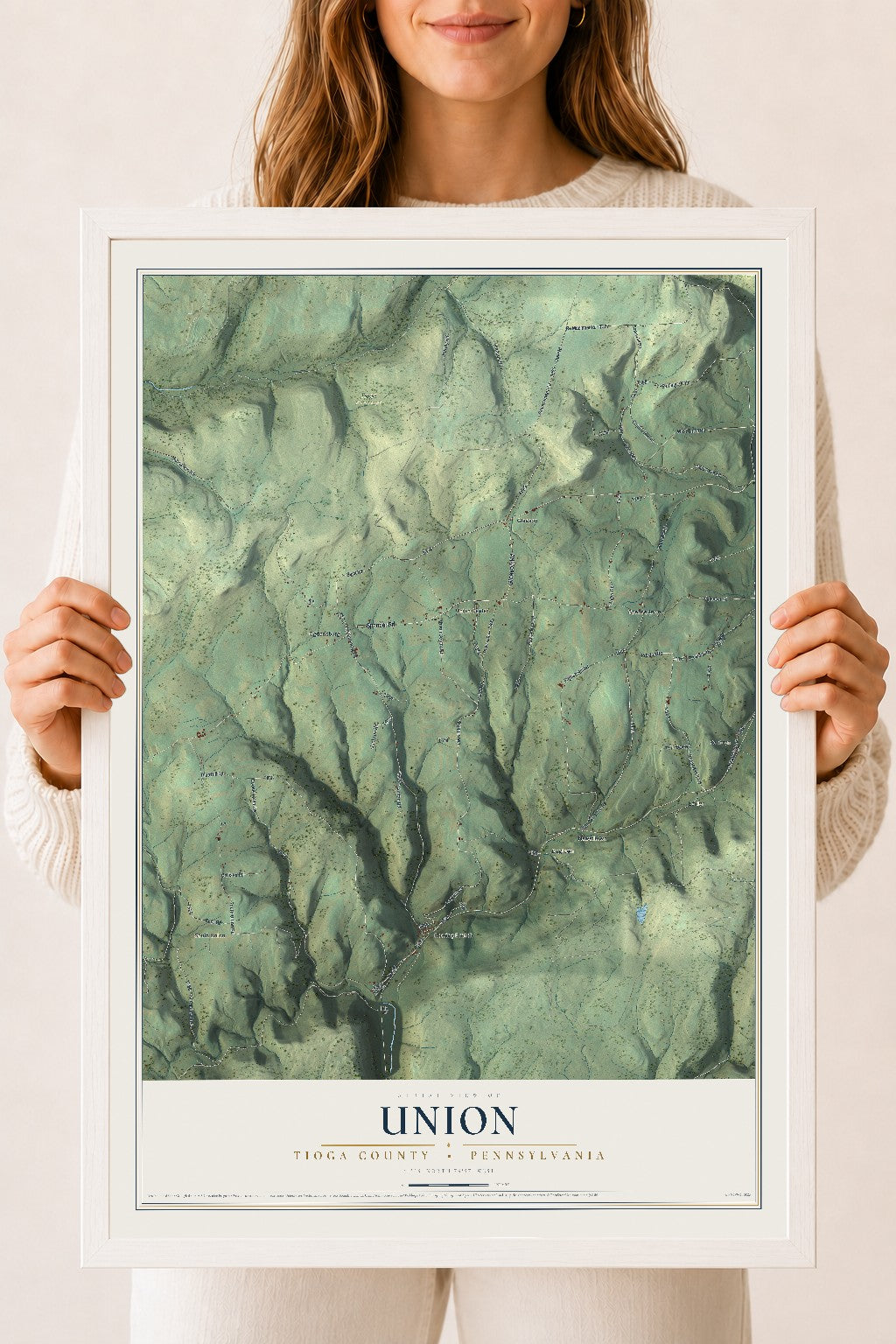 Map of Union, Tioga County, Pennsylvania, 18 x 24 inch print in a white wood frame