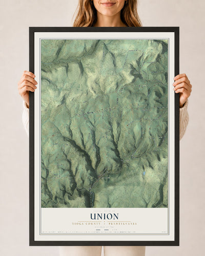 Map of Union, Tioga County, Pennsylvania, 24 x 36 inch print in a black wood frame