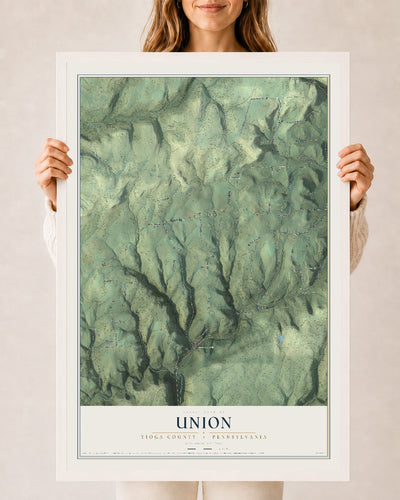 Map of Union, Tioga County, Pennsylvania, 24 x 36 inch print in a white wood frame
