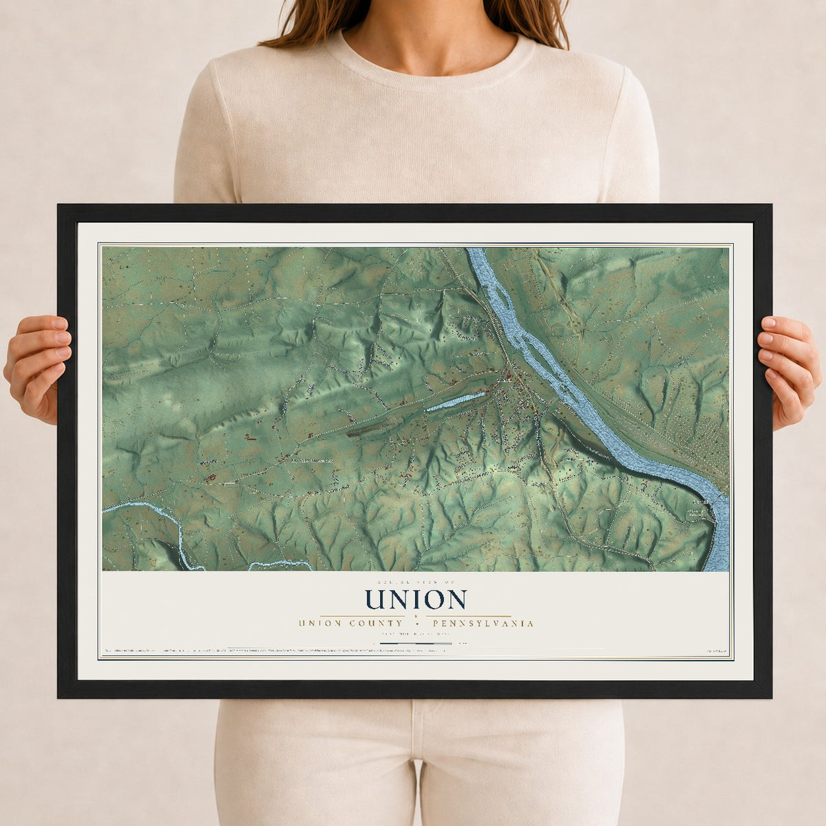 Map of Union, Union County, Pennsylvania, 12 x 18 inch print in a black wood frame