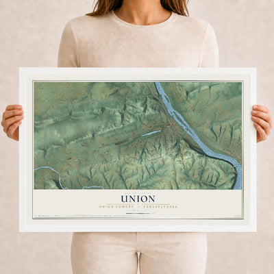 Map of Union, Union County, Pennsylvania, 12 x 18 inch print in a white wood frame