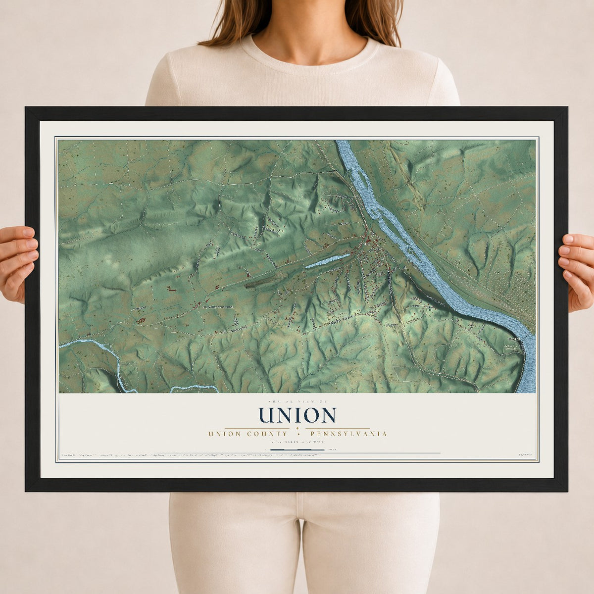 Map of Union, Union County, Pennsylvania, 18 x 24 inch print in a black wood frame