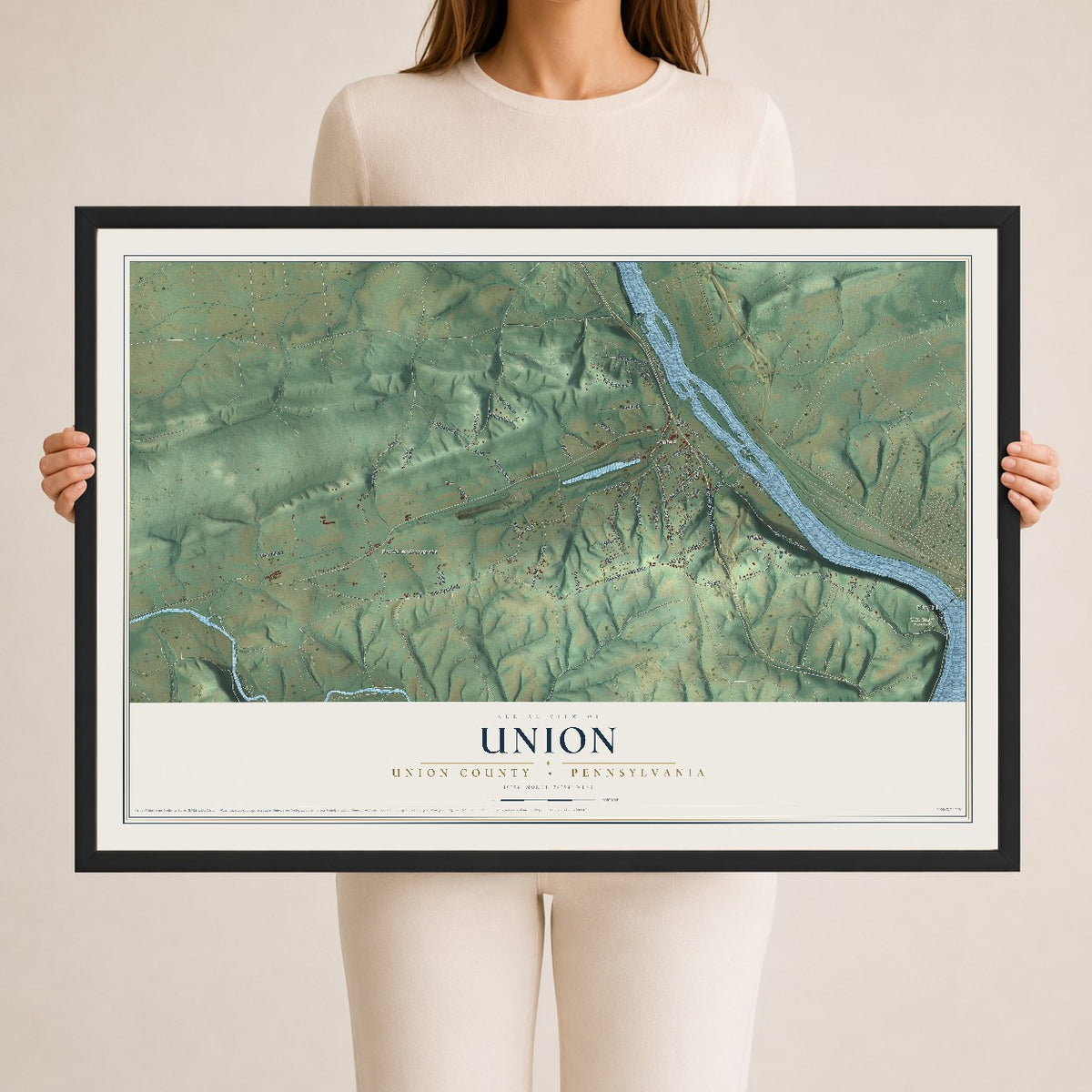 Map of Union, Union County, Pennsylvania, 24 x 36 inch print in a black wood frame
