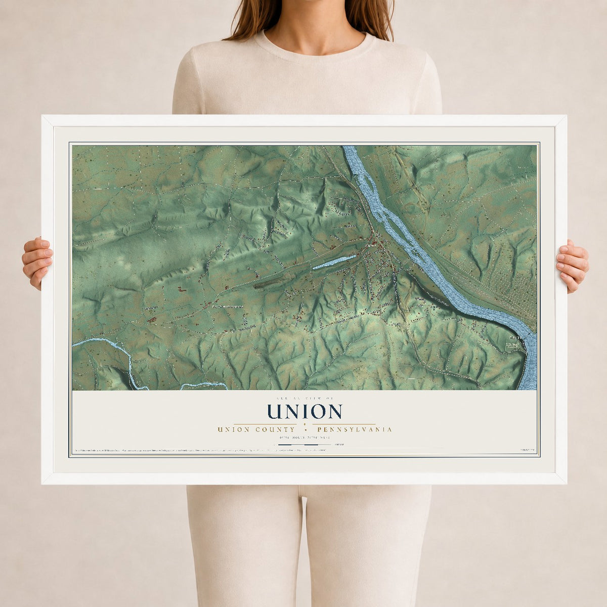Map of Union, Union County, Pennsylvania, 24 x 36 inch print in a white wood frame