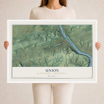 Map of Union, Union County, Pennsylvania, 24 x 36 inch print in a white wood frame