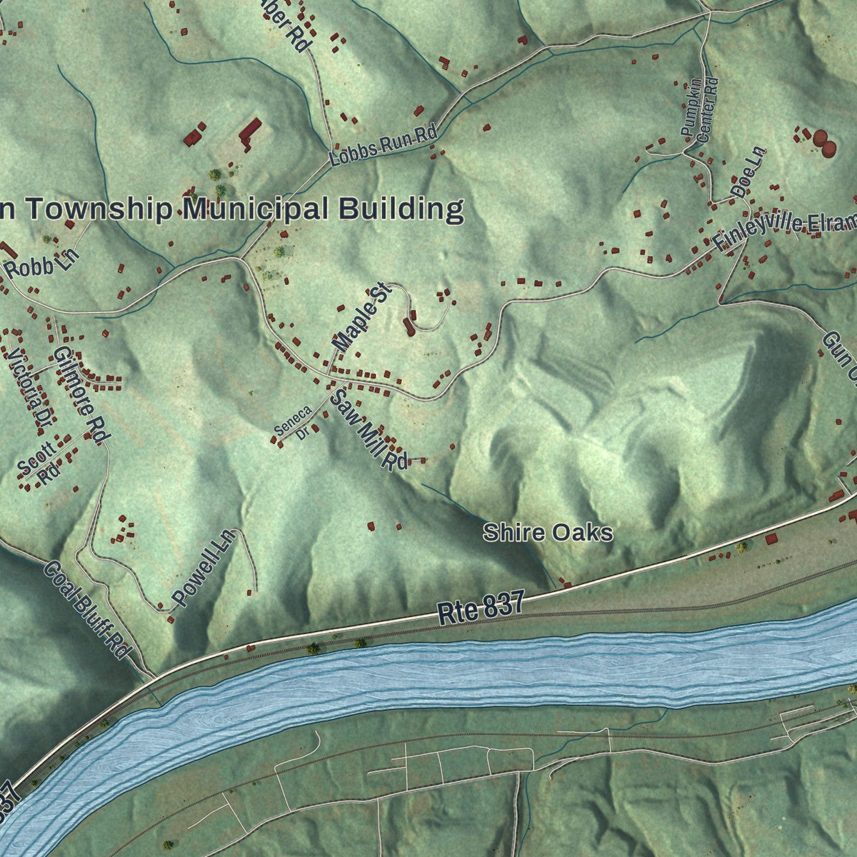 Second close-up of the map of Union, Washington County, Pennsylvania print showing more streets and buildings