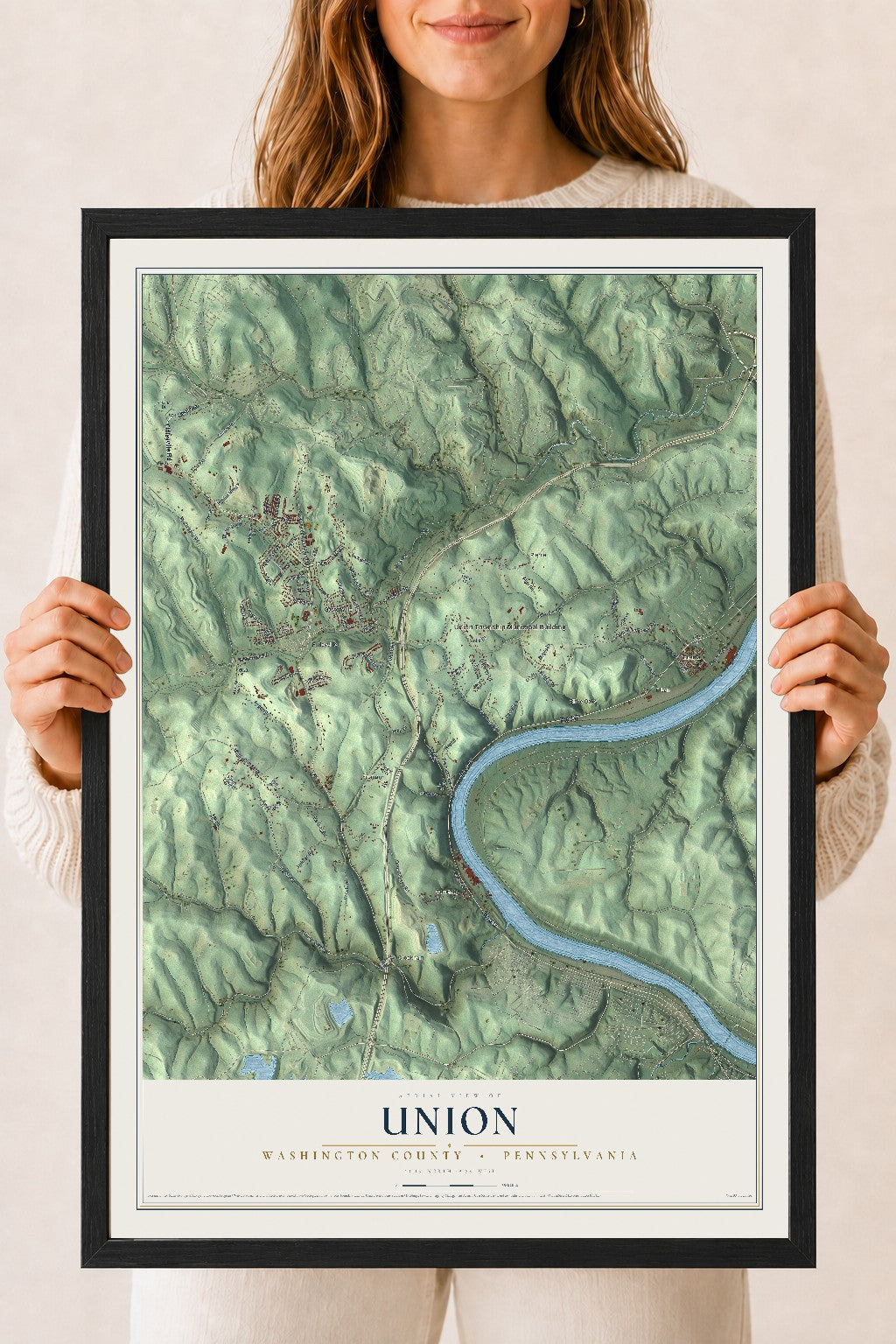 Map of Union, Washington County, Pennsylvania, 18 x 24 inch print in a black wood frame
