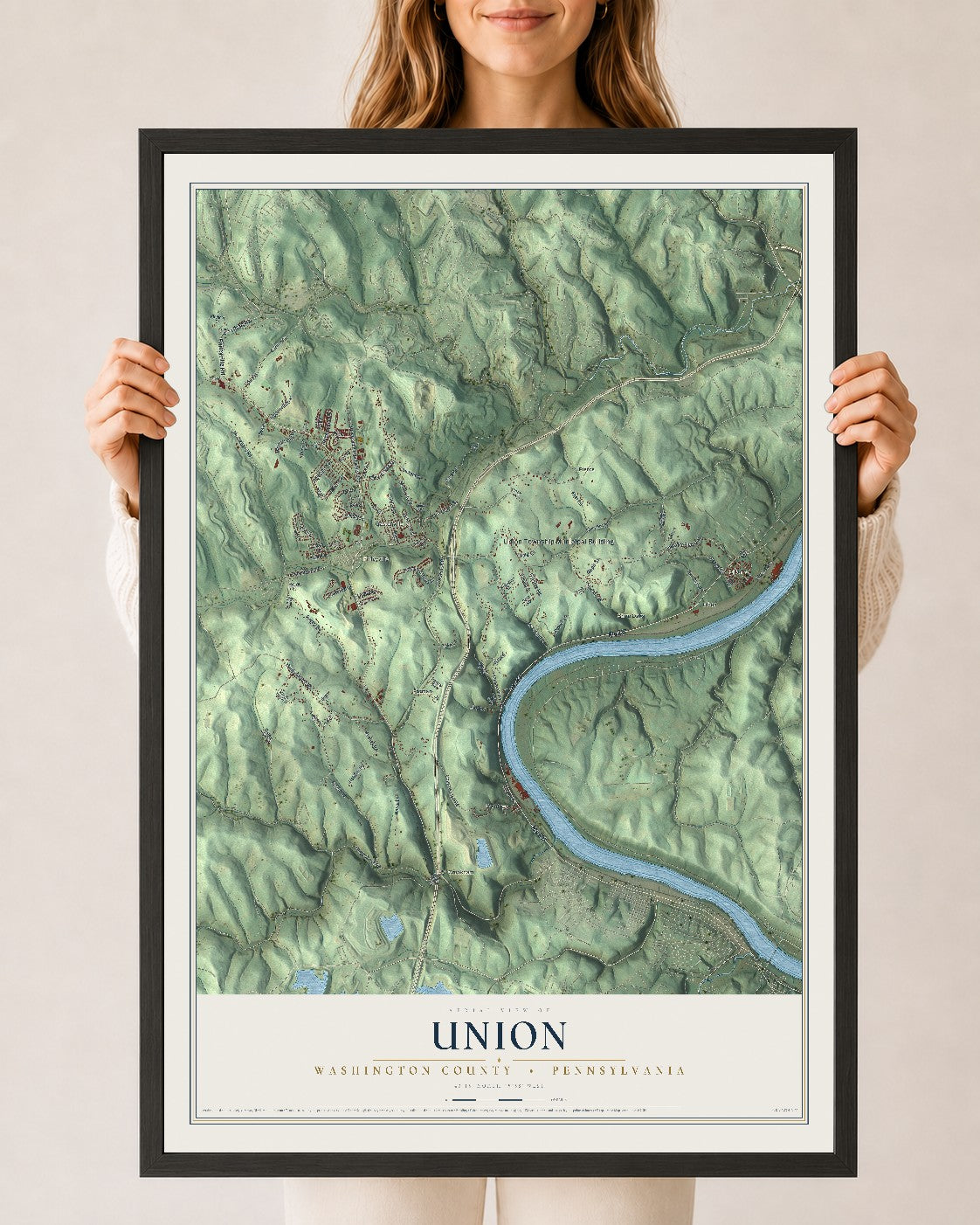 Map of Union, Washington County, Pennsylvania, 24 x 36 inch print in a black wood frame