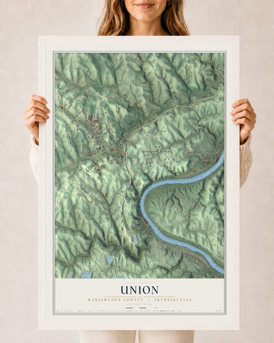 Map of Union, Washington County, Pennsylvania, 24 x 36 inch print in a white wood frame