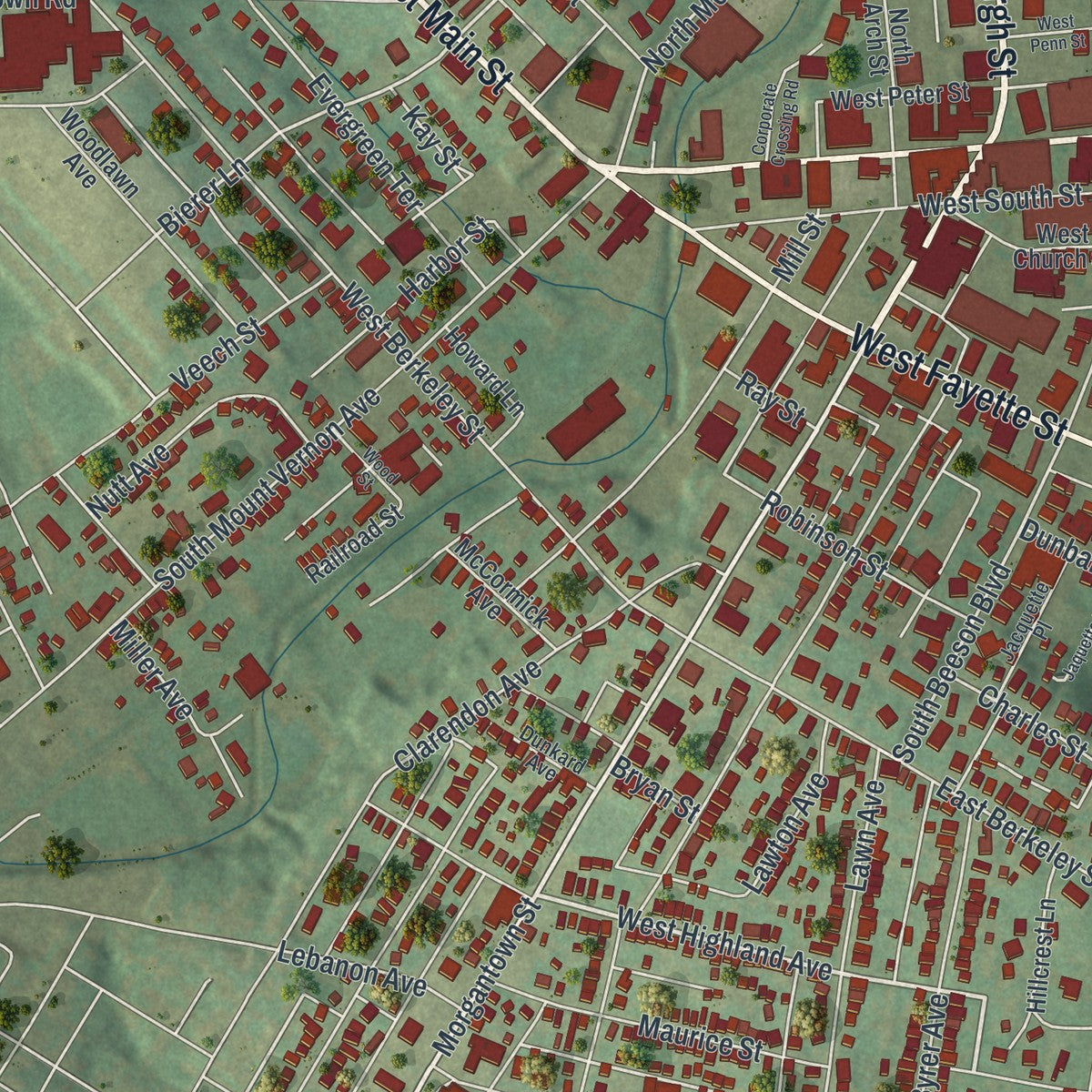 Second close-up of the map of Uniontown, Pennsylvania print showing more streets and buildings
