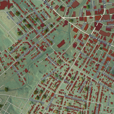 Second close-up of the map of Uniontown, Pennsylvania print showing more streets and buildings