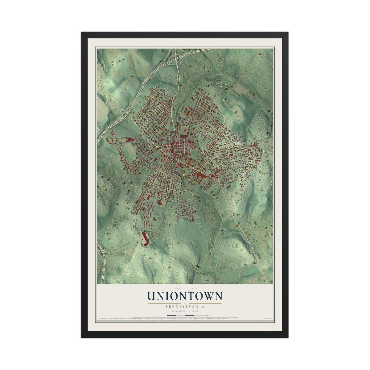 Map of Uniontown, Pennsylvania, 12 x 18 inch print in a black wood frame