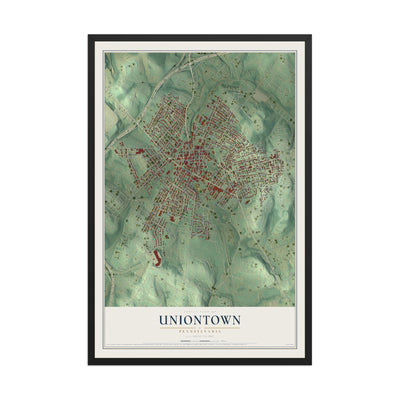 Map of Uniontown, Pennsylvania, 12 x 18 inch print in a black wood frame