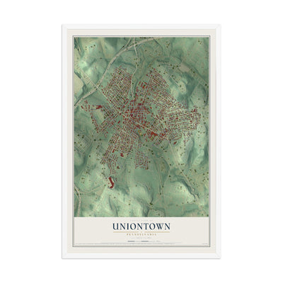 Map of Uniontown, Pennsylvania, 12 x 18 inch print in a white wood frame
