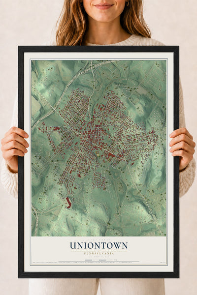 Map of Uniontown, Pennsylvania, 18 x 24 inch print in a black wood frame