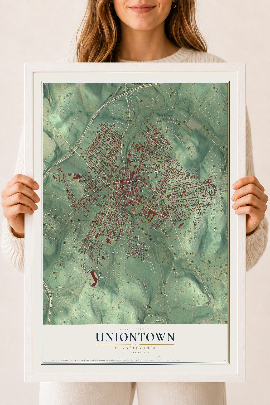 Map of Uniontown, Pennsylvania, 18 x 24 inch print in a white wood frame