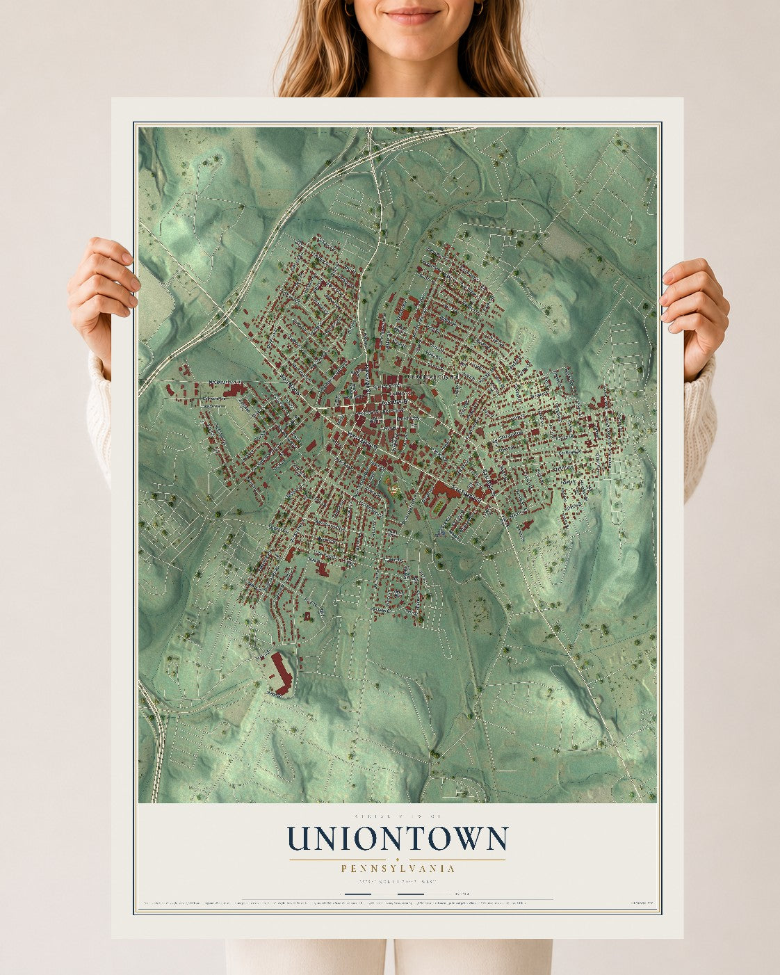 Map of Uniontown, Pennsylvania, 24 x 36 inch unframed archival matte print