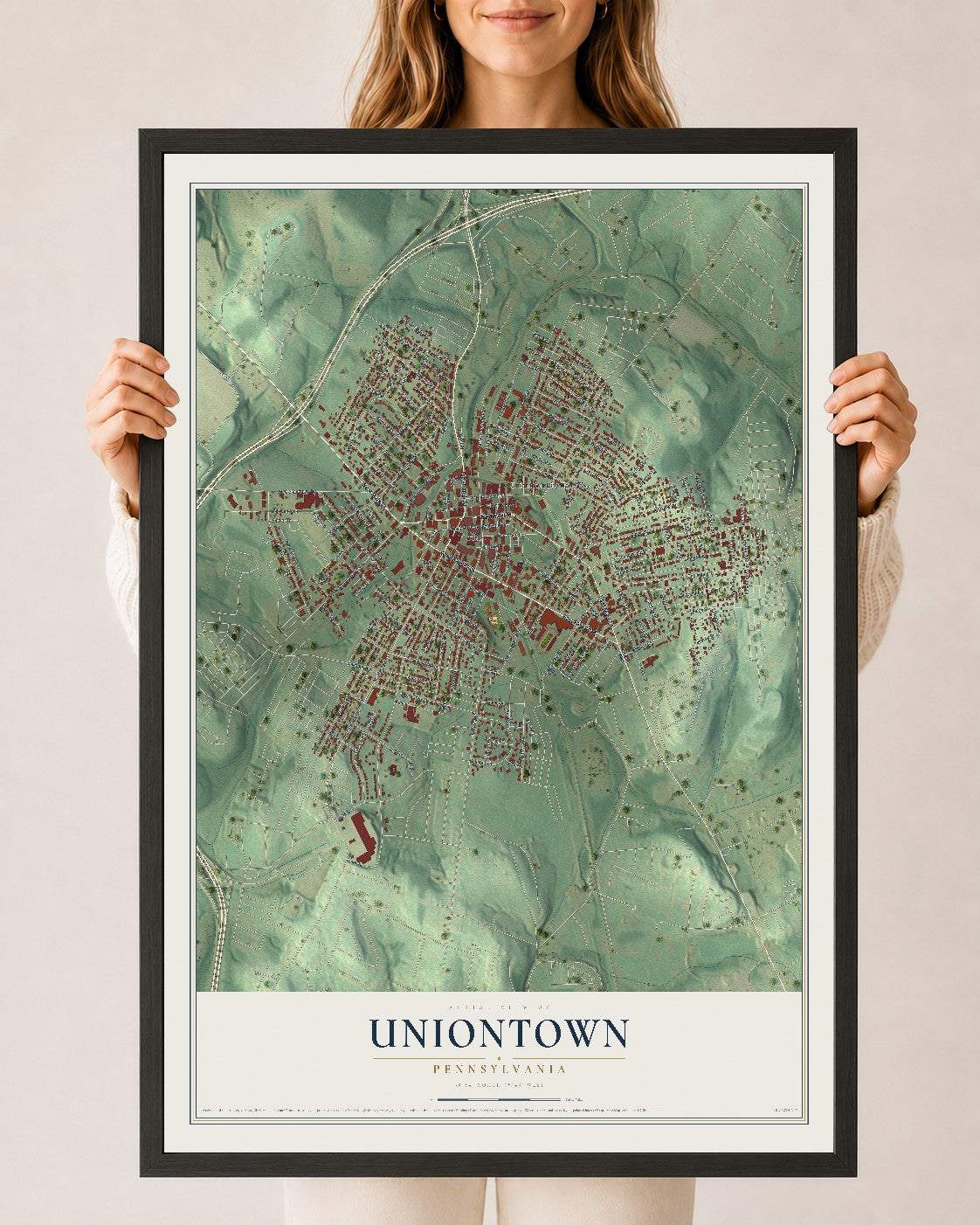 Map of Uniontown, Pennsylvania, 24 x 36 inch print in a black wood frame