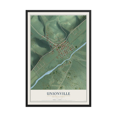Map of Unionville, Pennsylvania, 12 x 18 inch print in a black wood frame