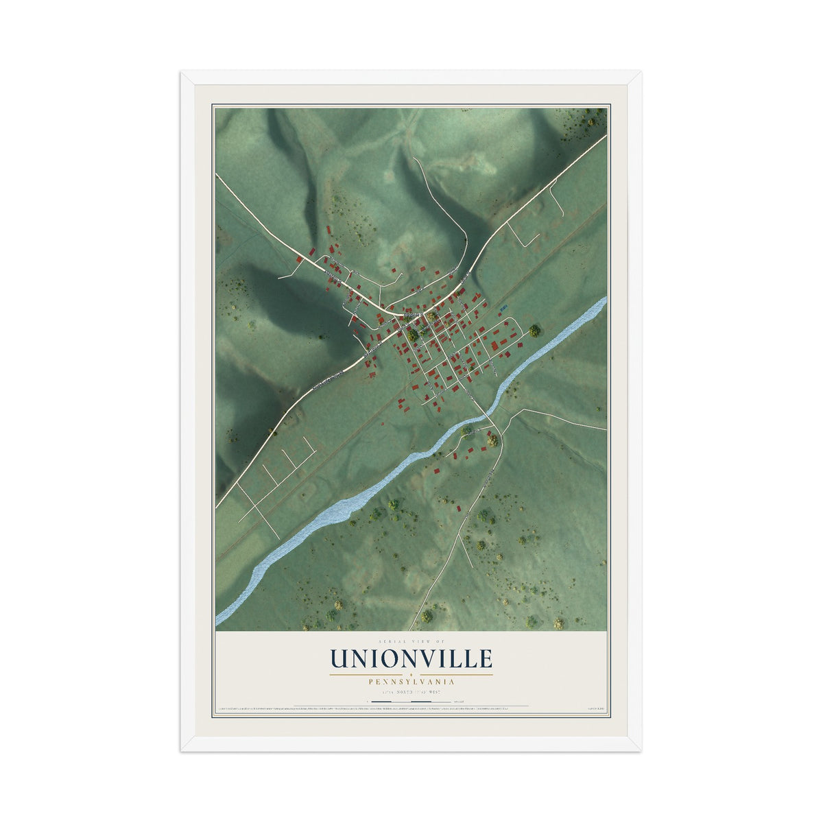 Map of Unionville, Pennsylvania, 12 x 18 inch print in a white wood frame