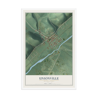 Map of Unionville, Pennsylvania, 12 x 18 inch print in a white wood frame