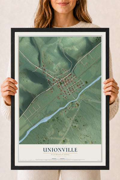 Map of Unionville, Pennsylvania, 18 x 24 inch print in a black wood frame