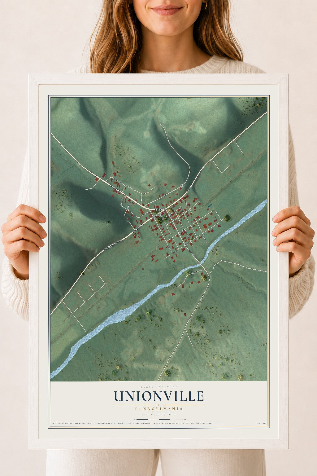 Map of Unionville, Pennsylvania, 18 x 24 inch print in a white wood frame