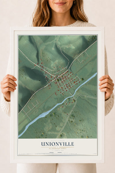 Map of Unionville, Pennsylvania, 18 x 24 inch print in a white wood frame
