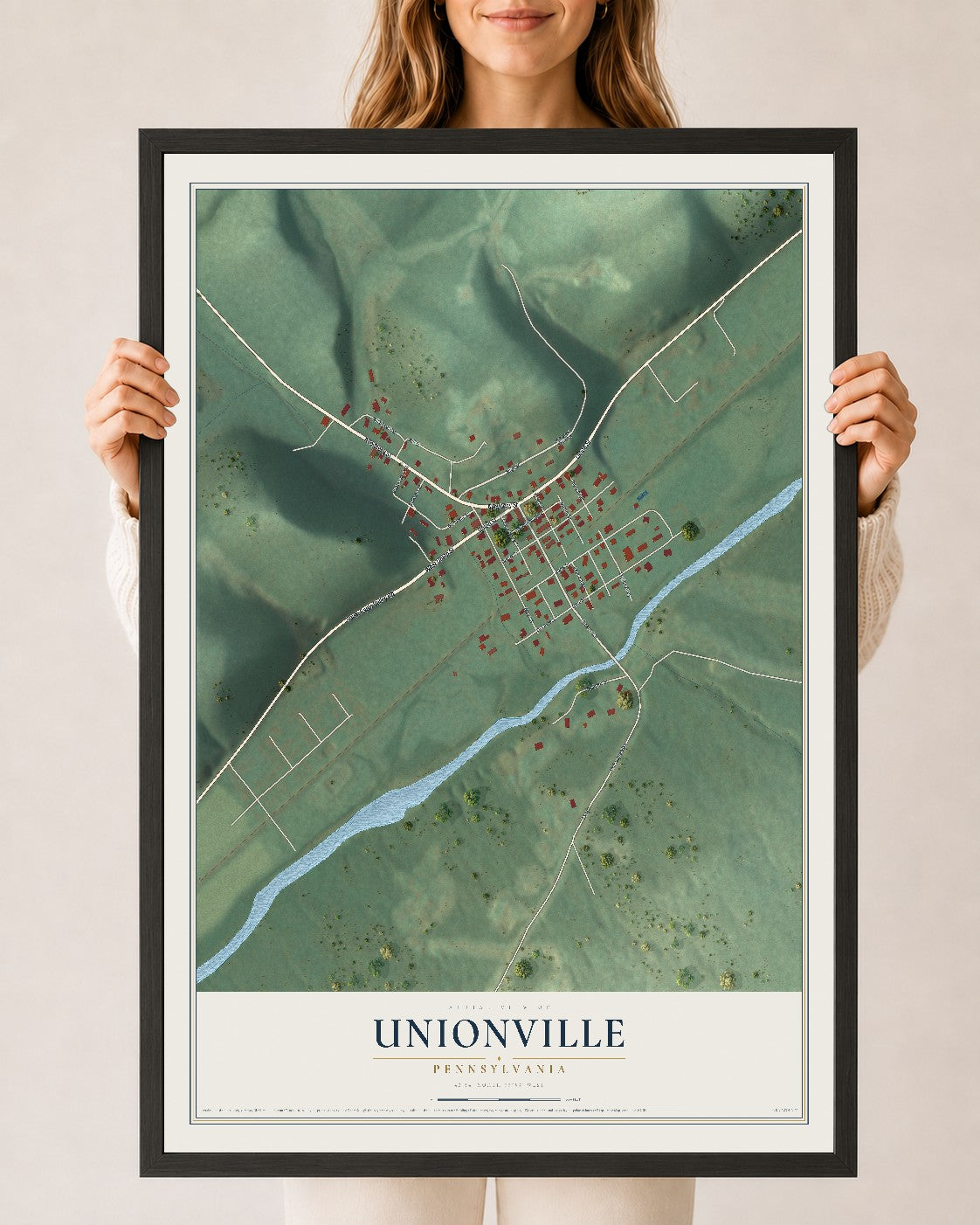 Map of Unionville, Pennsylvania, 24 x 36 inch print in a black wood frame