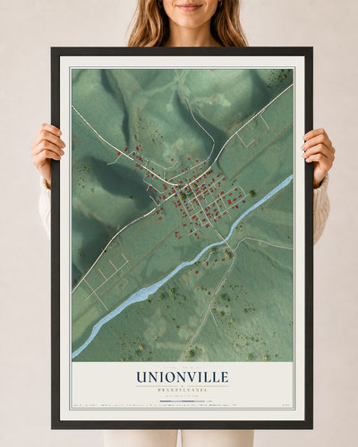 Map of Unionville, Pennsylvania, 24 x 36 inch print in a black wood frame
