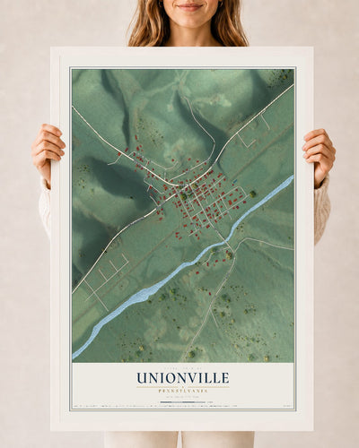 Map of Unionville, Pennsylvania, 24 x 36 inch print in a white wood frame