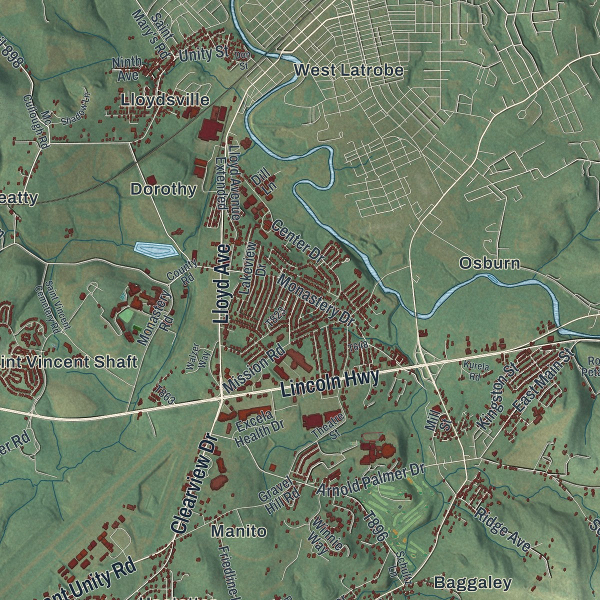 Second close-up of the map of Unity, Pennsylvania print showing more streets and buildings