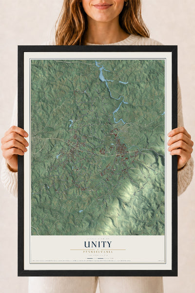 Map of Unity, Pennsylvania, 18 x 24 inch print in a black wood frame