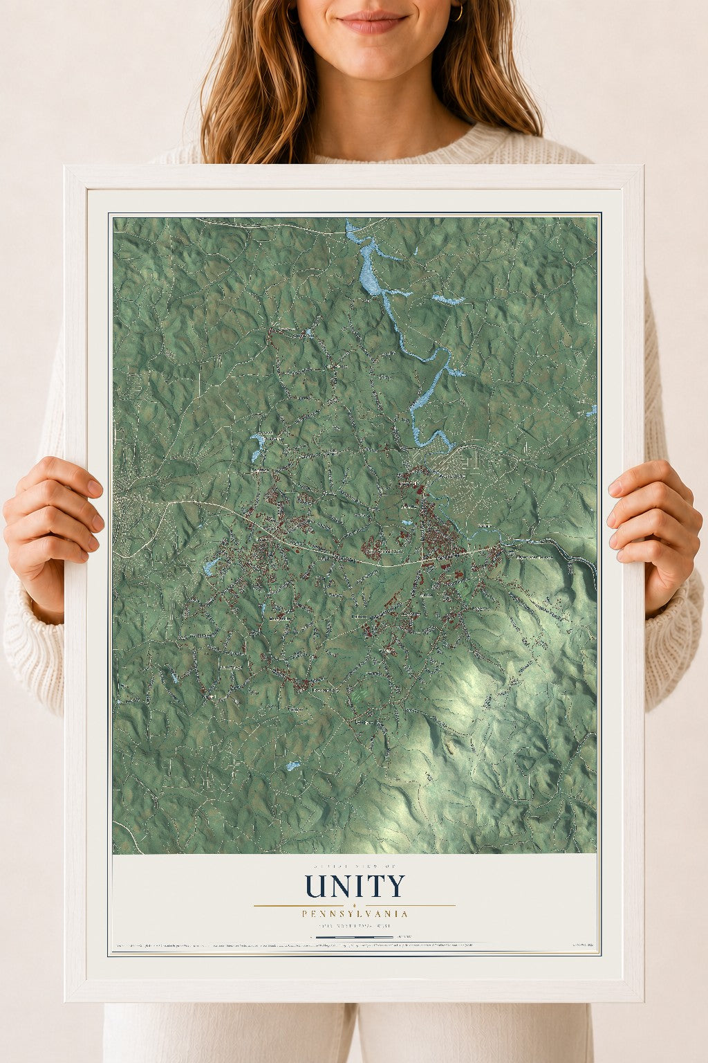 Map of Unity, Pennsylvania, 18 x 24 inch print in a white wood frame