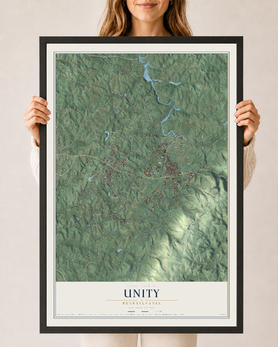 Map of Unity, Pennsylvania, 24 x 36 inch print in a black wood frame