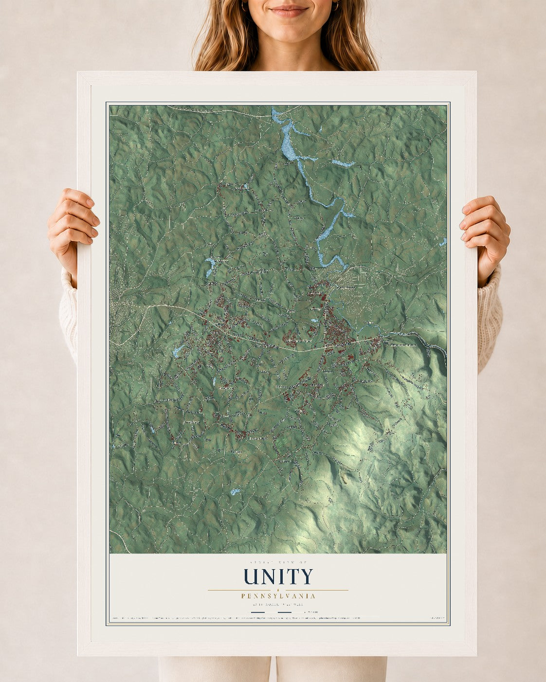 Map of Unity, Pennsylvania, 24 x 36 inch print in a white wood frame