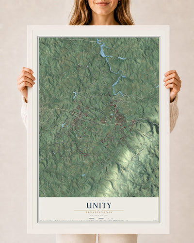 Map of Unity, Pennsylvania, 24 x 36 inch print in a white wood frame