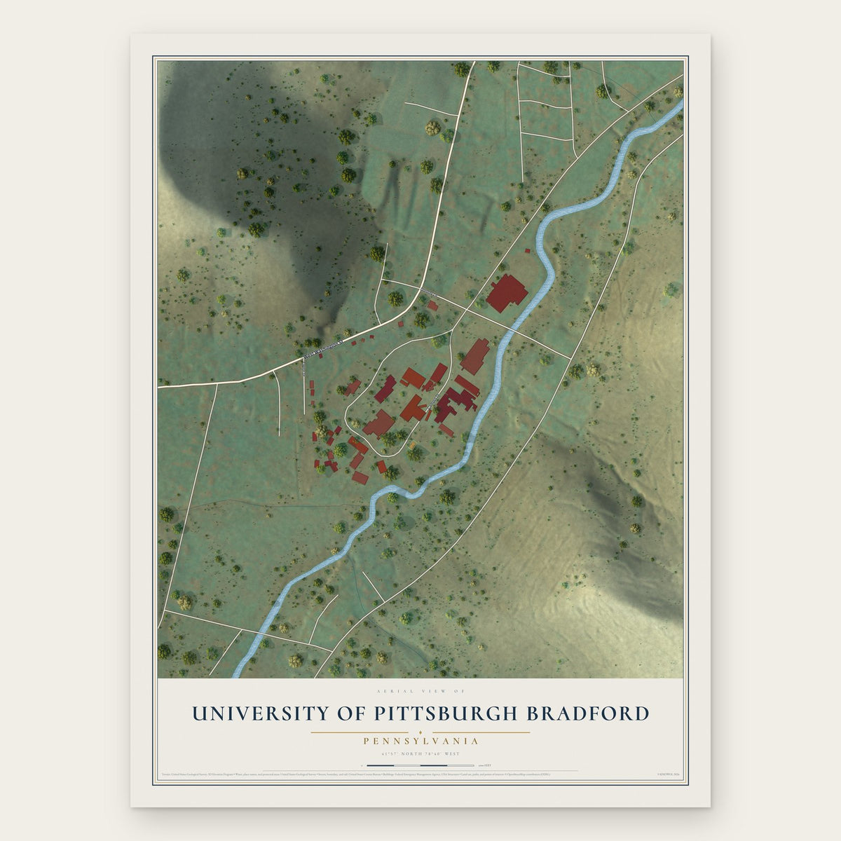 University of Pittsburgh Bradford, Pennsylvania map print, the full design