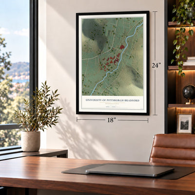 University of Pittsburgh Bradford, Pennsylvania map, 18 x 24 inch print in a black frame in a home office