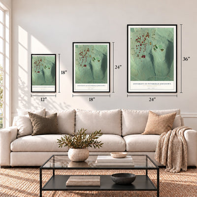 University of Pittsburgh Johnstown, Pennsylvania map in 12 x 18, 18 x 24 and 24 x 36 inch sizes above a sofa