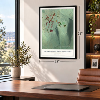University of Pittsburgh Johnstown, Pennsylvania map, 18 x 24 inch print in a black frame in a home office