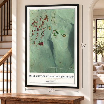 University of Pittsburgh Johnstown, Pennsylvania map, 24 x 36 inch print in a black frame by a staircase