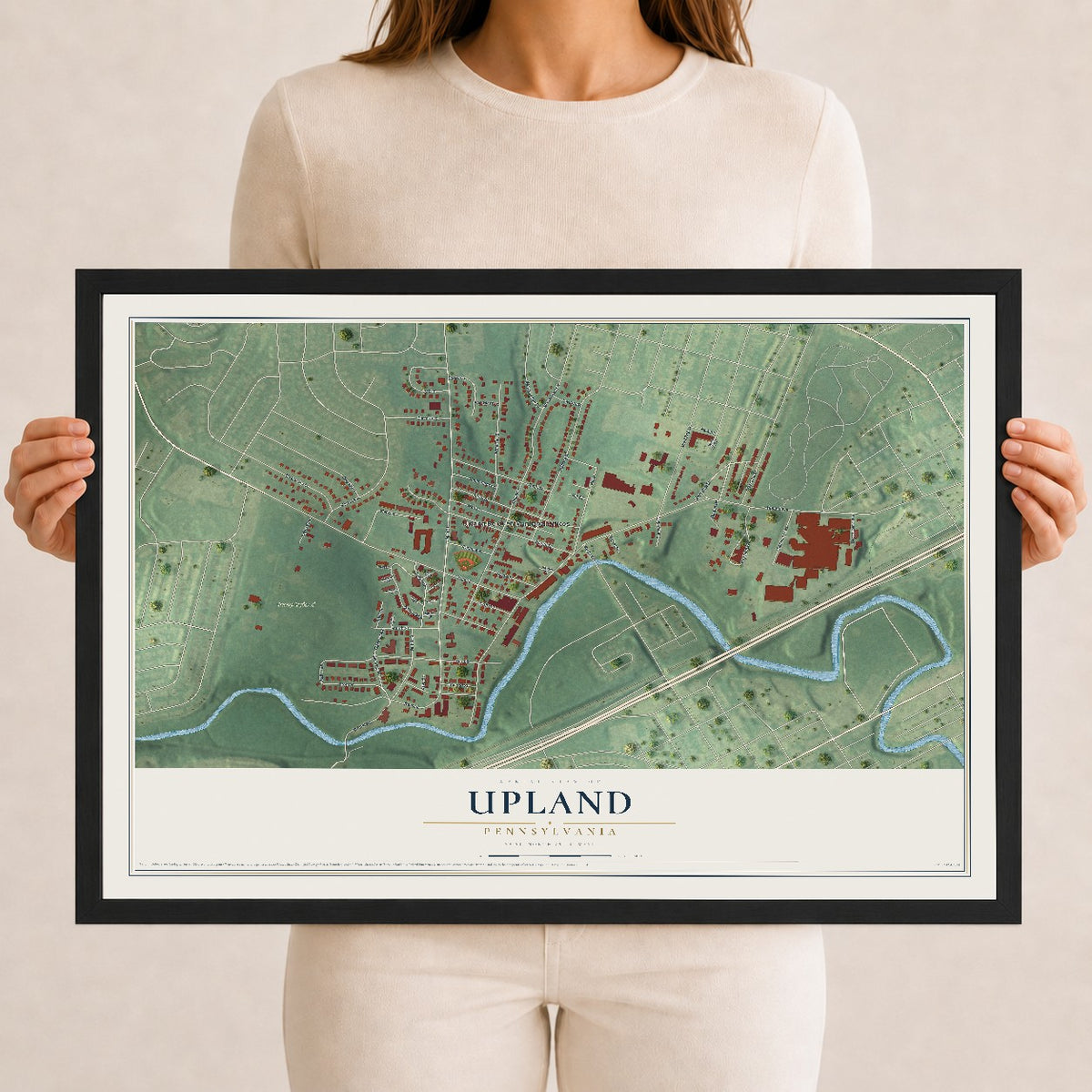 Map of Upland, Pennsylvania, 12 x 18 inch print in a black wood frame