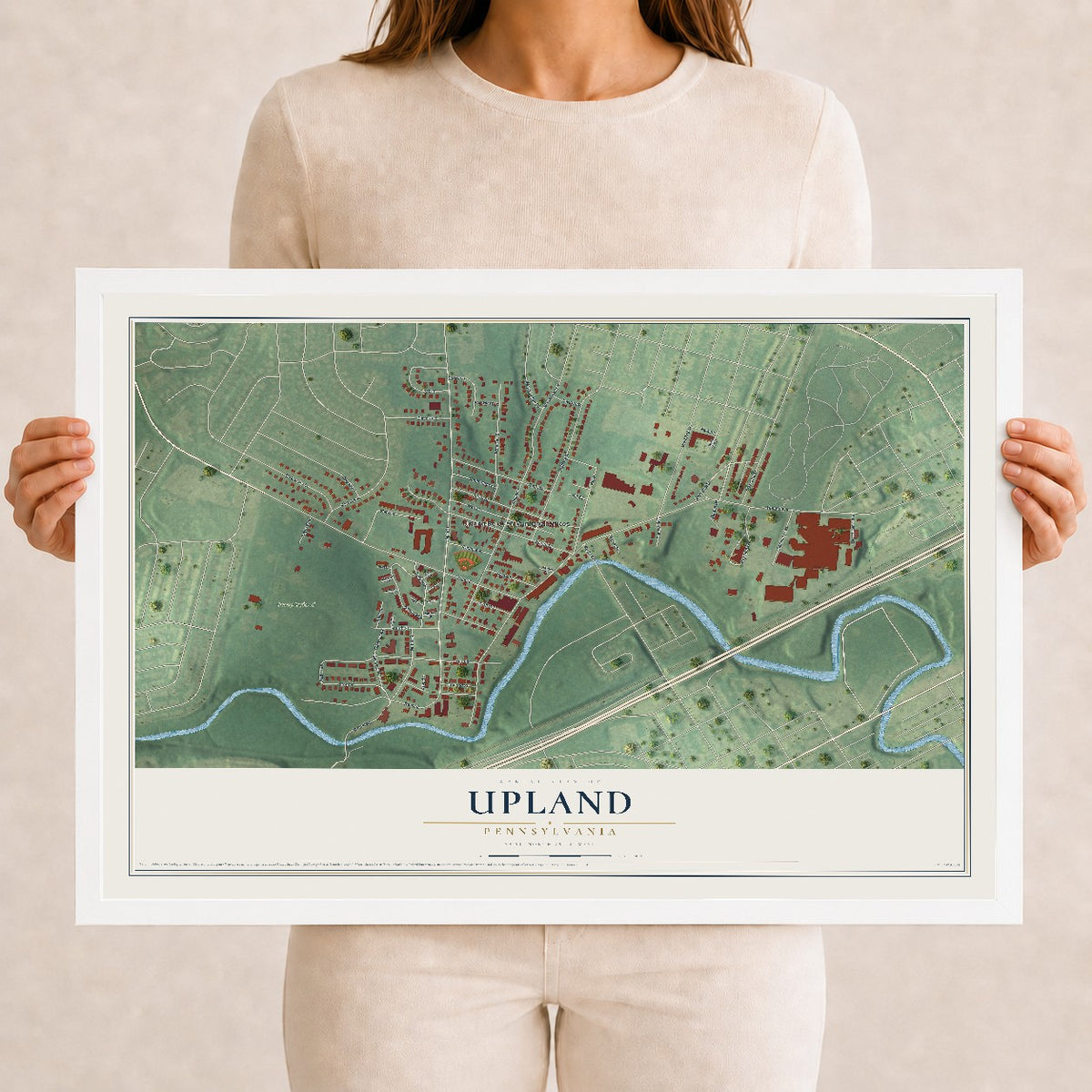 Map of Upland, Pennsylvania, 12 x 18 inch print in a white wood frame