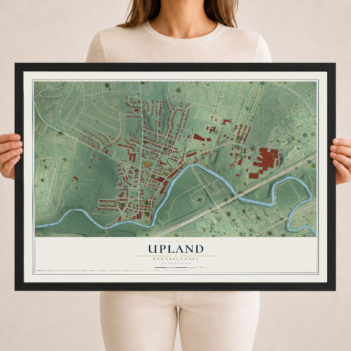 Map of Upland, Pennsylvania, 18 x 24 inch print in a black wood frame